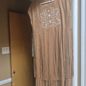 Tan Fringe Dress with Embroidered Detail